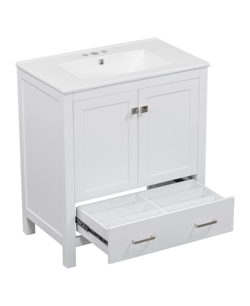 Busdays 30" White Bathroom Vanity with Single Sink, Soft-Close Undermount Sink, 2-Door Cabinet with Drawer, Solid Wood Frame