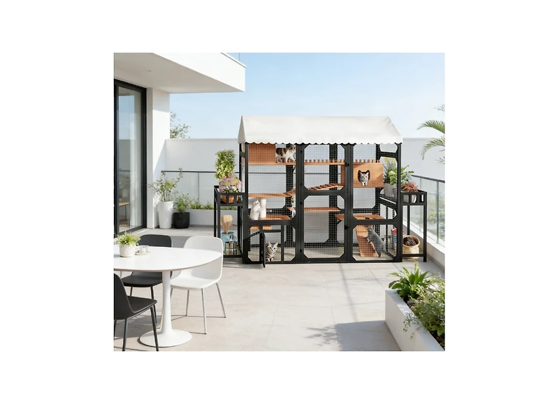 Zeus & Ruta Large Wooden Outdoor Cat Enclosure with Plant Stands Multi Level Playpen Weather Resistant Roof Climbing Ramp
