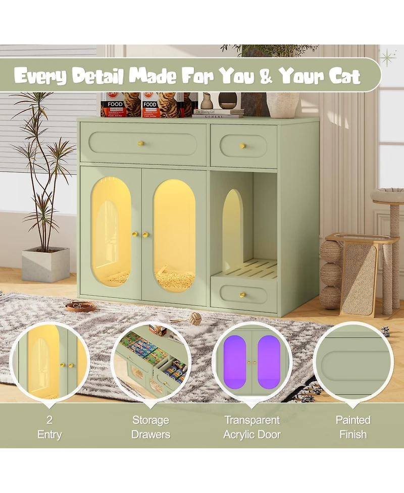 Zeus & Ruta Cat Litter Box Enclosure with Led Light, Storage Drawers and Acrylic Doors