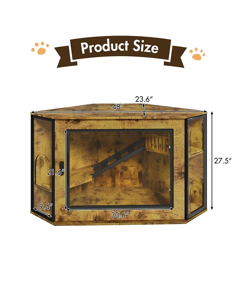 Zeus & Ruta 48 in. Corner Cat Litter Box Enclosure Modern Hidden Cabinet with Acrylic Door Led Light and Playground