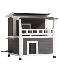 Zeus & Ruta 2 Story Wooden Cat House With Balcony Insulated Waterproof Outdoor Shelter For 1 3 Cats In Winter