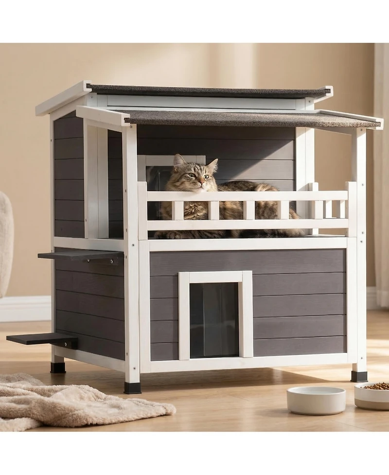 Zeus & Ruta 2 Story Wooden Cat House With Balcony Insulated Waterproof Outdoor Shelter For 1 3 Cats In Winter
