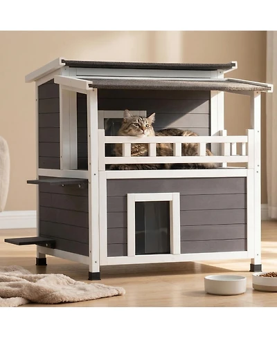 Zeus & Ruta 2 Story Wooden Cat House With Balcony Insulated Waterproof Outdoor Shelter For 1 3 Cats In Winter
