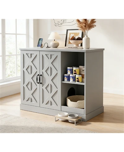 Zeus & Ruta Cat Litter Box Cabinet with Power Outlet Hidden Modern Furniture for Large Automatic Litter Boxes with Litter Catcher