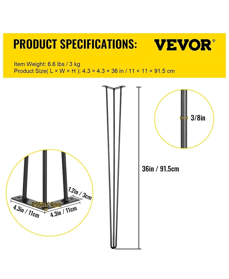 Gouun 36 in Hairpin Table Legs Set of 4, Carbon Steel 3-Rod Furniture Legs with 880 lbs Total Load Capacity