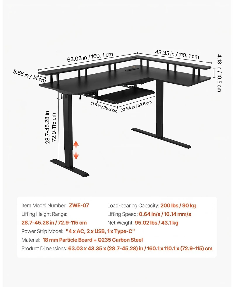 Gouun L Shaped Electric Standing Desk 63 x 43 in, Adjustable Height Corner Desk with Keyboard Tray and Power Strip