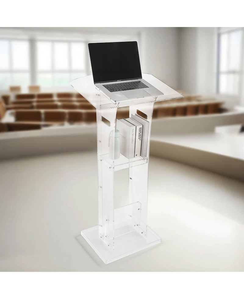 Gouun 43 in Acrylic Podium Stand, Portable Floor-Standing Lectern with Storage Shelf and Wide Reading Surface