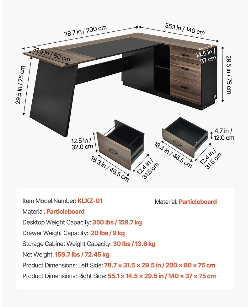 Gouun L-Shaped Executive Desk with File Drawer and Storage Cabinet, Large Modern Office Table, 350 lbs Capacity