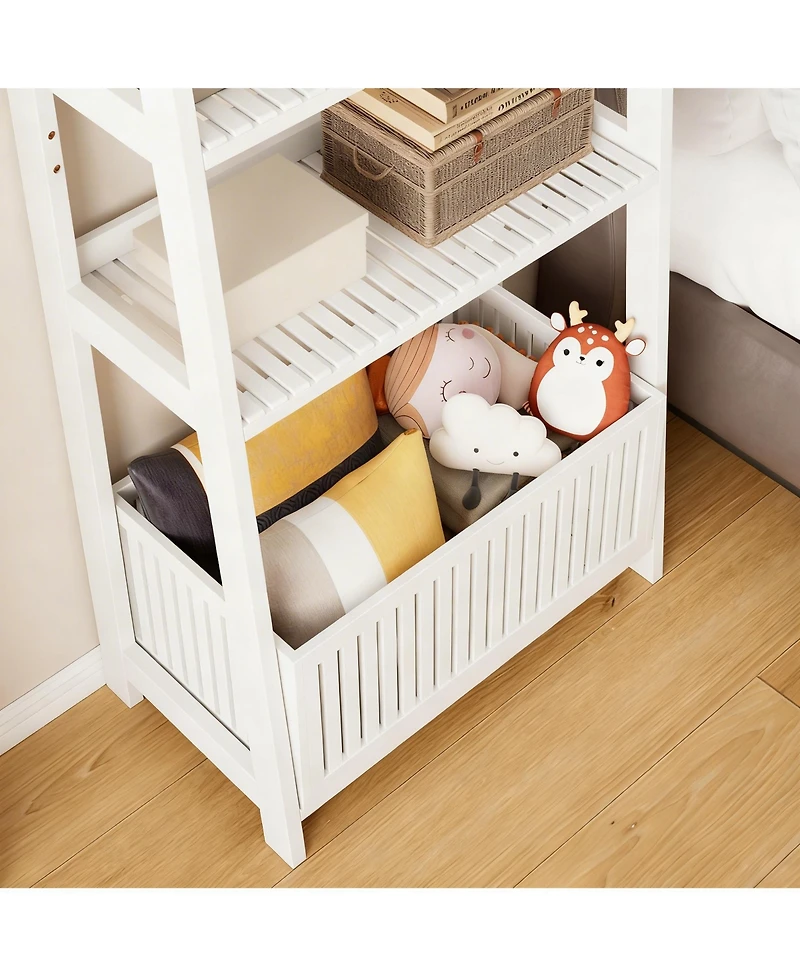 Yigii Ladder Shelf 4-Tier Bookshelf with Storage Basket Bamboo Bookcase