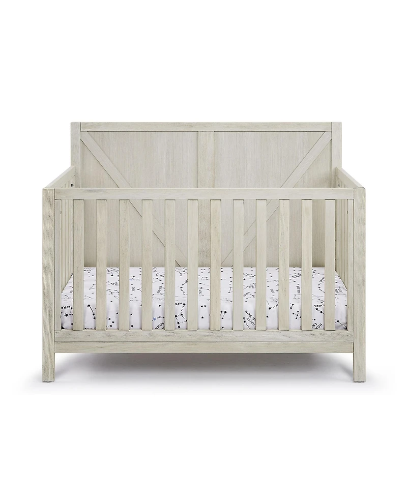 flynama Washed Gray 4 in 1 convertible crib with industrial farmhouse style soft distressed finish 3 adjustable mattress heights for baby nursery