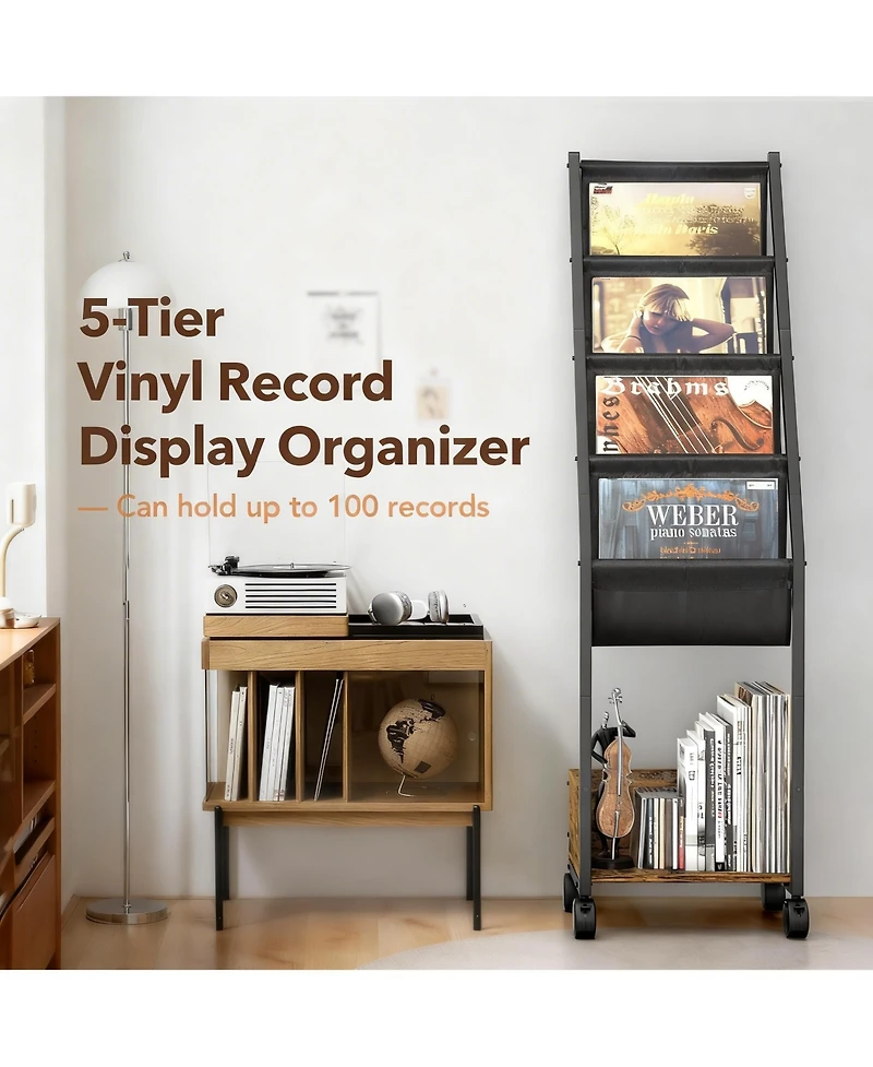 Yigii Vinyl Record Storage Stand 4-Tier Display Shelf Rack Wood Metal Frame
