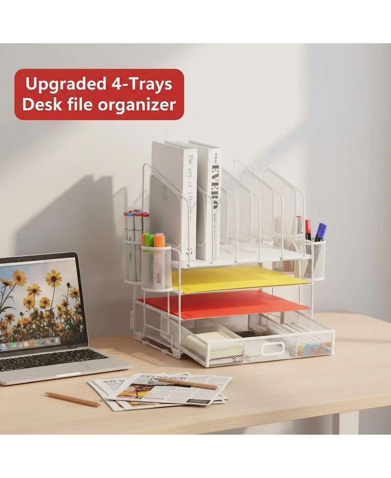 Yigii Multifunctional Desk Organizer 4 Tier Mesh File 5 Vertical Holders 3 Compartment Drawer 2 Pen Holders Easy Assemble Metal Office