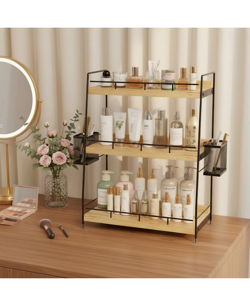 Yigii 3 Tier Bathroom Counter Organizer with Baskets Wooden Metal Storage Vanity Makeup Organiser