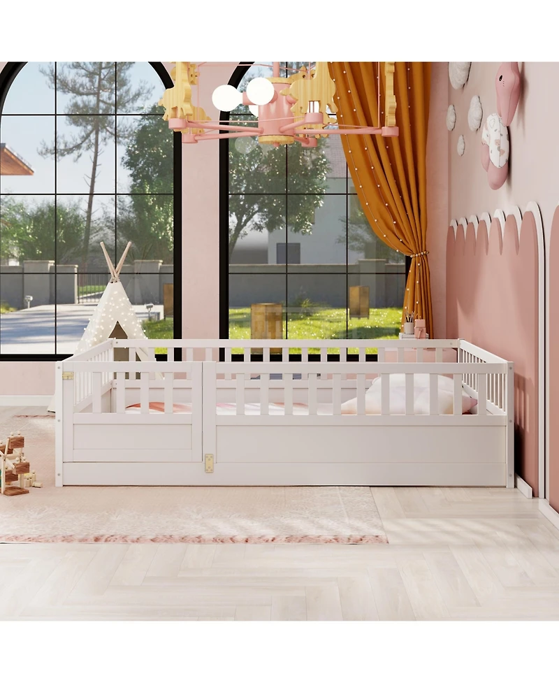 flynama Full Size Montessori Wooden Floor Bed With High Security Barrier And Door For Kids Bedroom