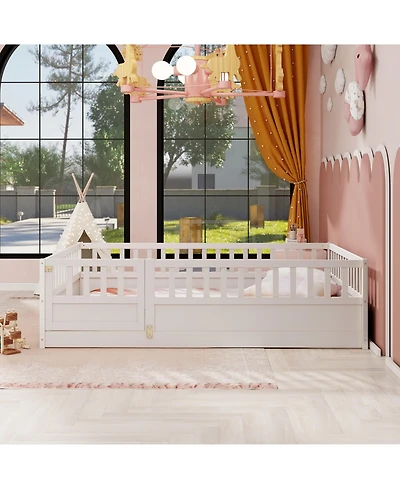 flynama Full Size Montessori Wooden Floor Bed With High Security Barrier And Door For Kids Bedroom