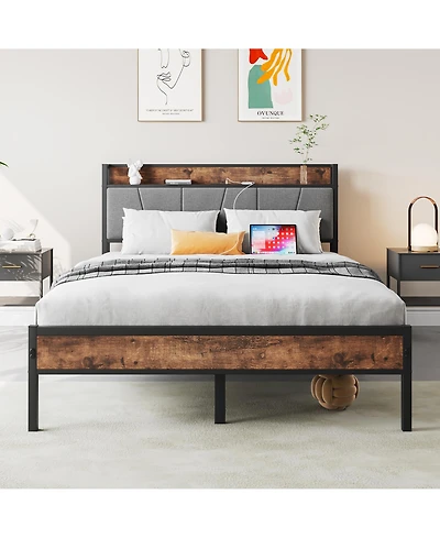 flynama Full Size Bed Frame Storage Headboard Charging Station Vintage