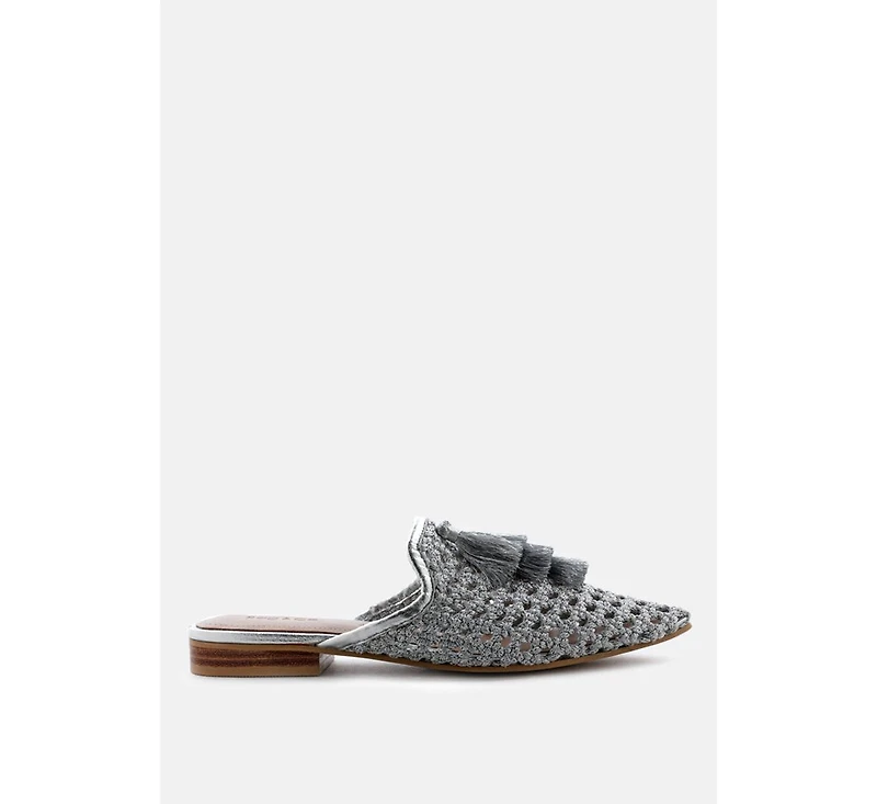 Melanie Womens Tassels Embellished Woven Flat Mules