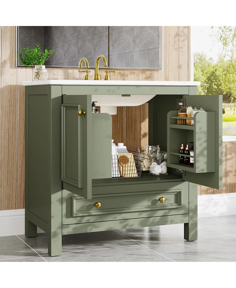 Tribesigns 30" Bathroom Vanity with Sink, Freestanding Vanity with Solid Wood Frame, Ceramic Sink, Soft-Close Doors, Drawer & Door Organizer