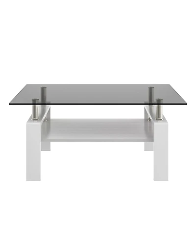 Rainsken Modern 2-Tier Coffee Table, Rectangle Center Table with Tempered Glass Top, Mdf Shelf and Metal Legs for Living Room and Home Office