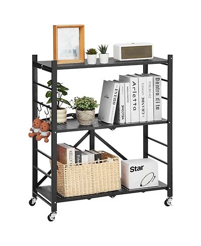 Rainsken 3-Tier Foldable Storage Shelf, Folding Metal Storage Shelving Unit with 5 Wheels and 4 Hooks for Kitchen, Garage, Basement