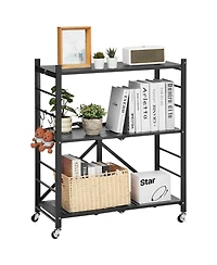 Rainsken 3-Tier Foldable Storage Shelf, Folding Metal Storage Shelving Unit with 5 Wheels and 4 Hooks for Kitchen, Garage, Basement