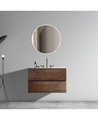 Thirtypeachy 30" Modern Walnut Wall Mount Vanity With Ceramic Sink, 3-Hole Top Handle-Free Soft-Close Drawers, Pre-Assembled