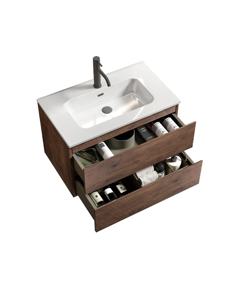 Thirtypeachy 30" Modern Walnut Wall Mount Vanity With Ceramic Sink, Single-Hole Top U-Channel Storage, Dtc Silent Close