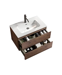 Thirtypeachy 30" Modern Walnut Wall Mount Vanity With Ceramic Sink, Single-Hole Top U-Channel Storage, Dtc Silent Close