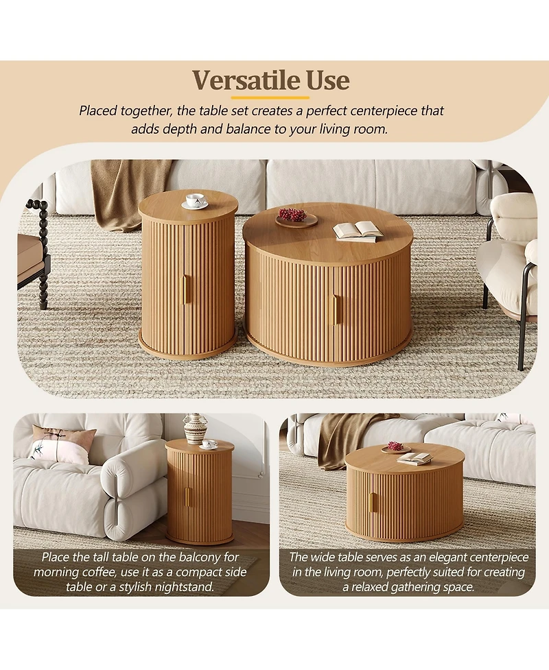 Rainsken Mid-Century Coffee Table Set, Round Fluted End Table With Storage, Handle, Sliding Tambour Door, Side Table for Living Room