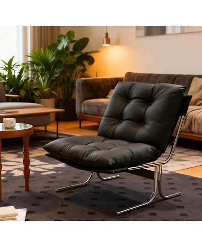 Rainsken Modern Pu Leather Accent Chair, Reading Chair with Metal Legs and Soft Padded for Home Office, Living Room