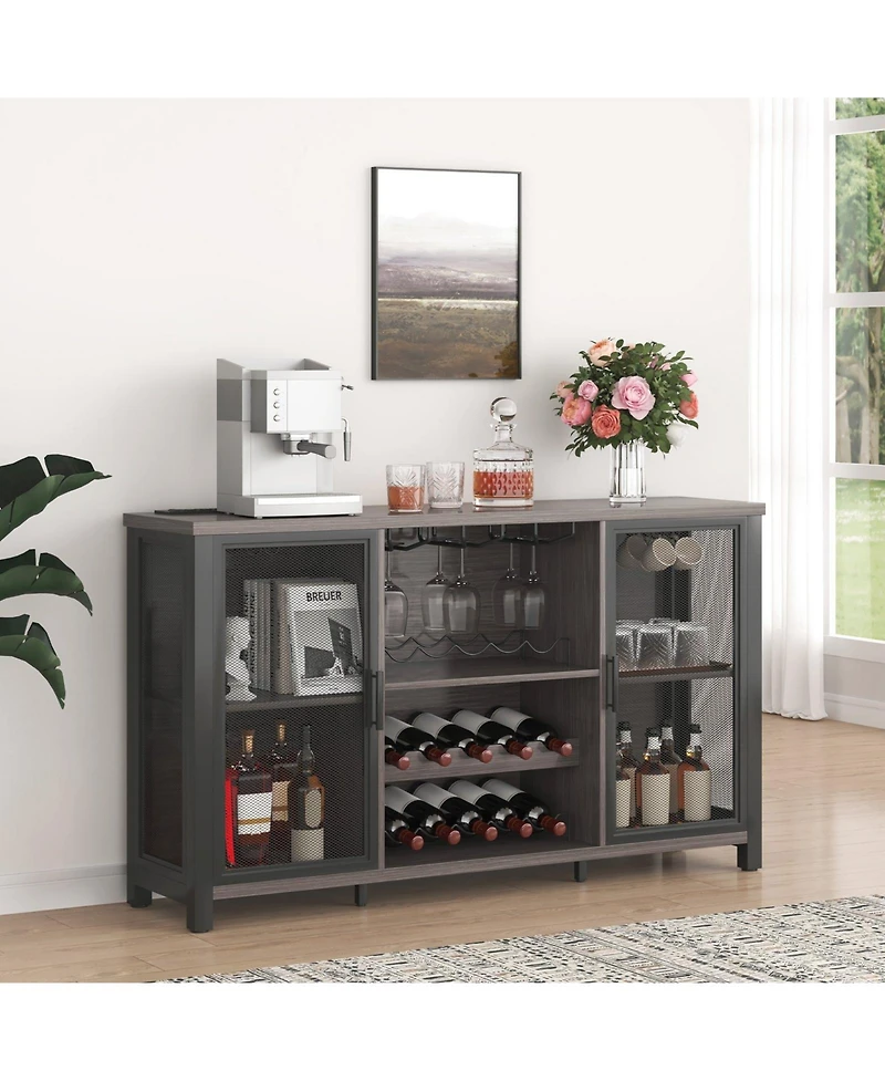 Gouun 47 Inch Industrial Bar Cabinet with Wine Rack and Power Outlets