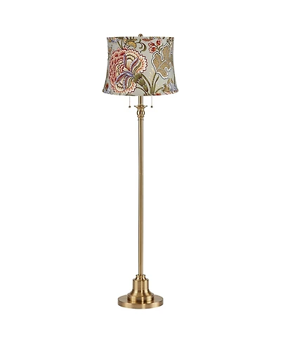 360 Lighting Dyna Traditional 58" Tall 2-Light Standing Floor Lamp Pull Chain Antique Brass Finish Drum Sage Floral Shade