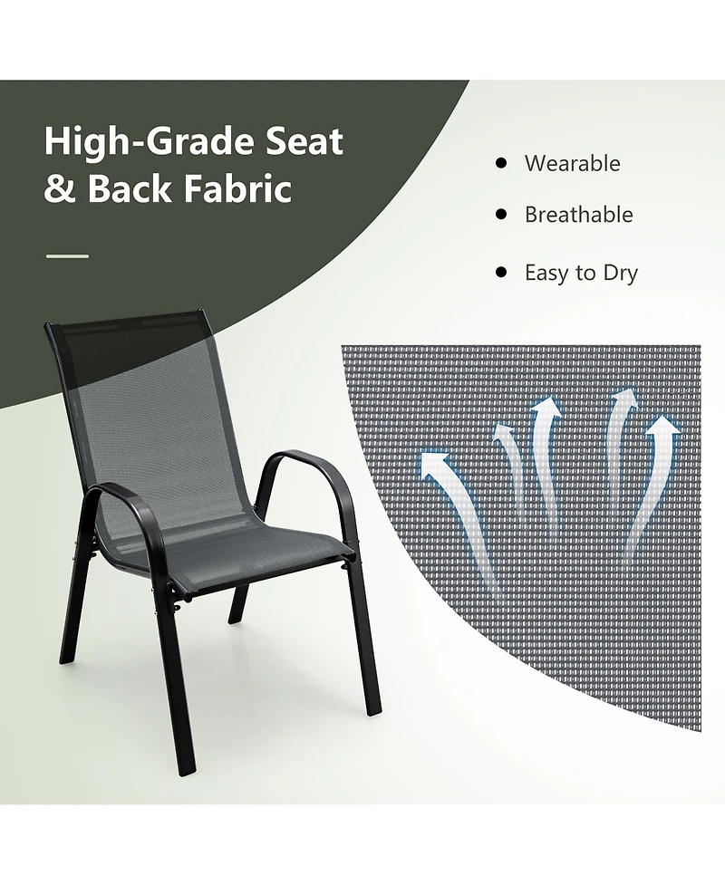 Gymax 4 Pieces Patio Stacking Dining Chairs with Curved Armrests and Breathable Seat Fabric