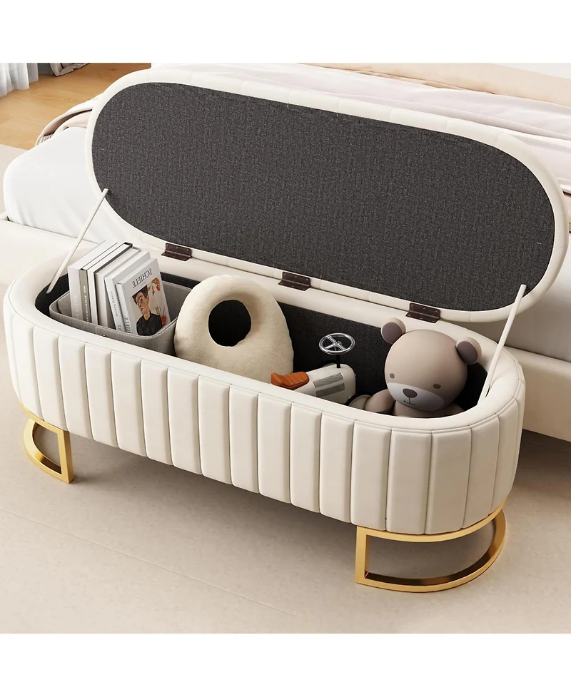 Rainsken Velvet Upholstered Storage Ottoman with Button Tufting and Metal Legs