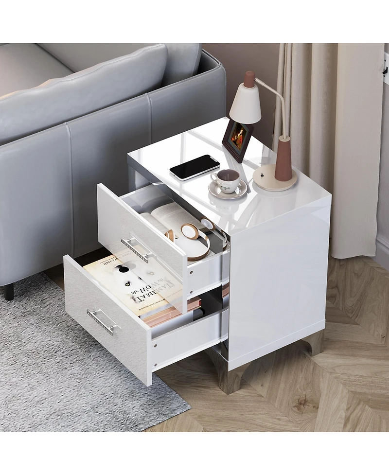 Flynama Durable Premium High Gloss Mirrored Nightstand with 2 Drawers Modern Bedroom End Table