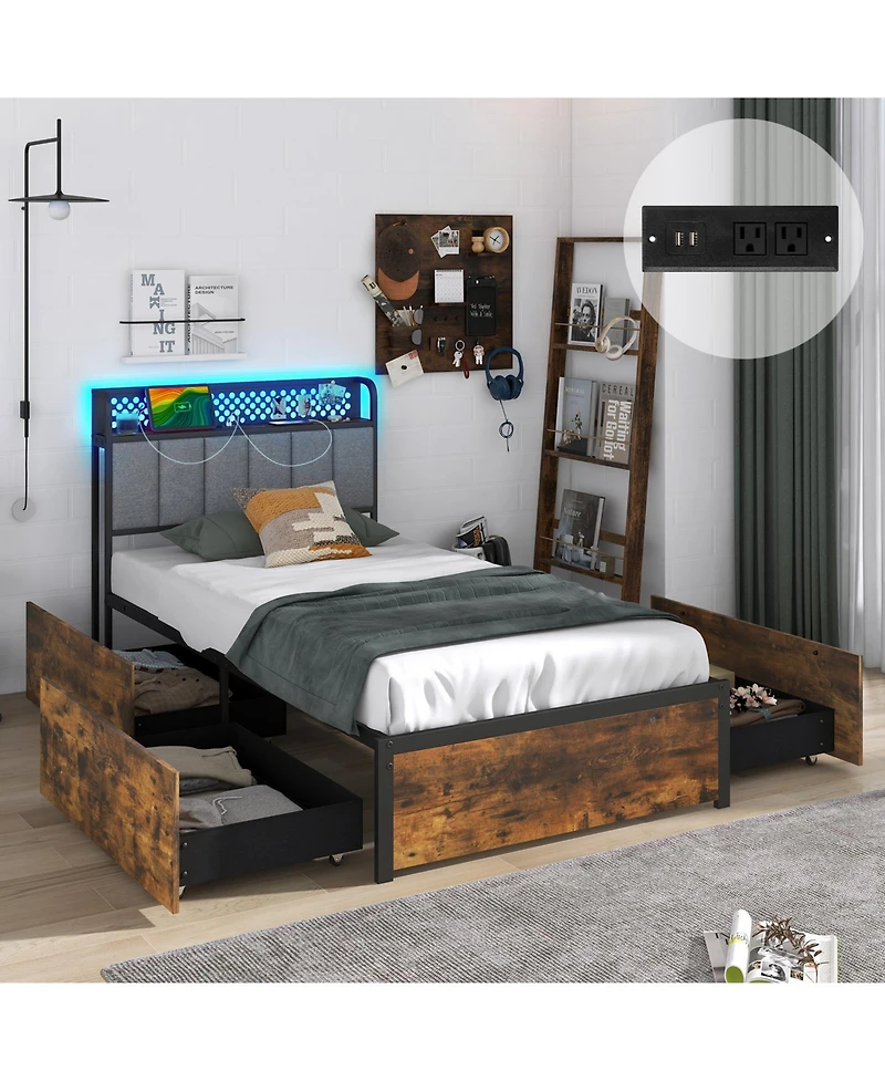 Gouun Twin size Bed Frame with Led Lights Upholstered Headboard and 4 Storage Drawers