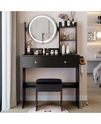 Flynama Modern Large Capacity Led Vanity Table with Basic Mirror and Cushioned Stool Makeup