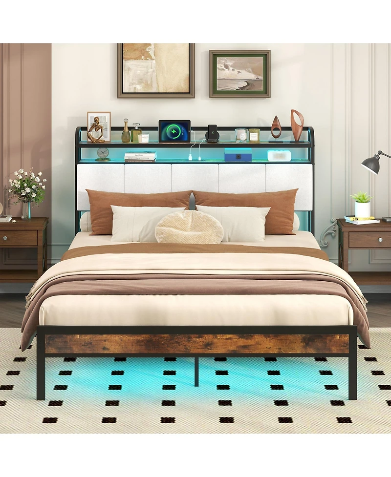Gouun Queen Size Bed Frame with Led Light and Charging Station