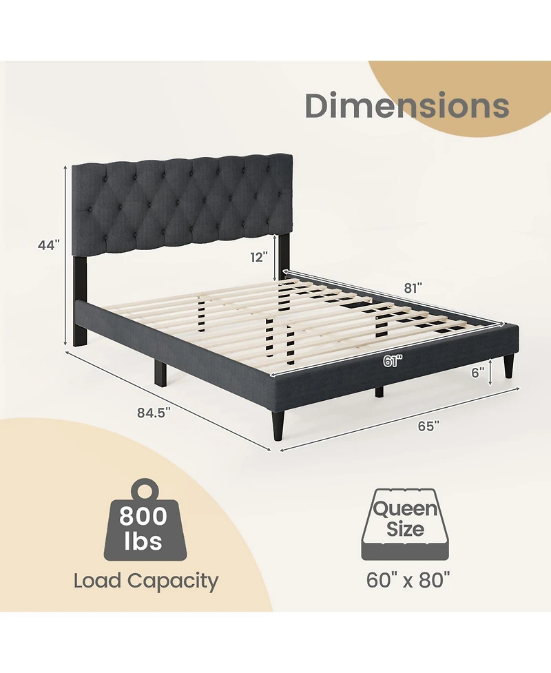 Gouun Queen Size Upholstered Platform Bed with Tufted Headboard and Wooden Slats