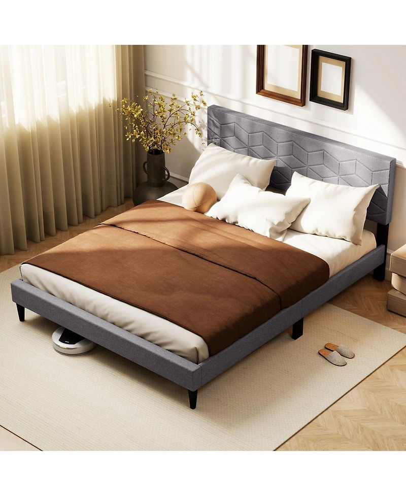 Gouun Queen Size Bed Frame Modern Platform Bed with Linen Fabric Upholstered Headboard
