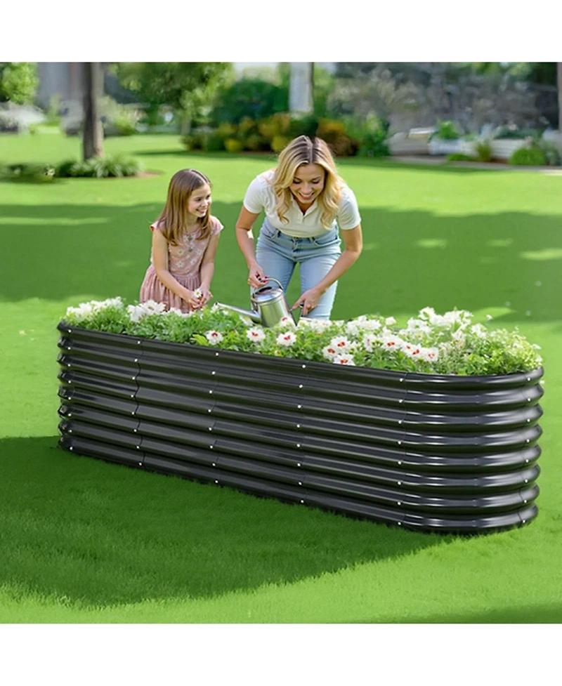 Gouun Oval Metal Raised Garden Bed, Galvanized Planter Box with Reinforcement Bar