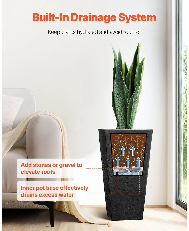 Gouun Set of 2 Tall Tapered Square Planters, 22 in Large Indoor Outdoor Plant Pots