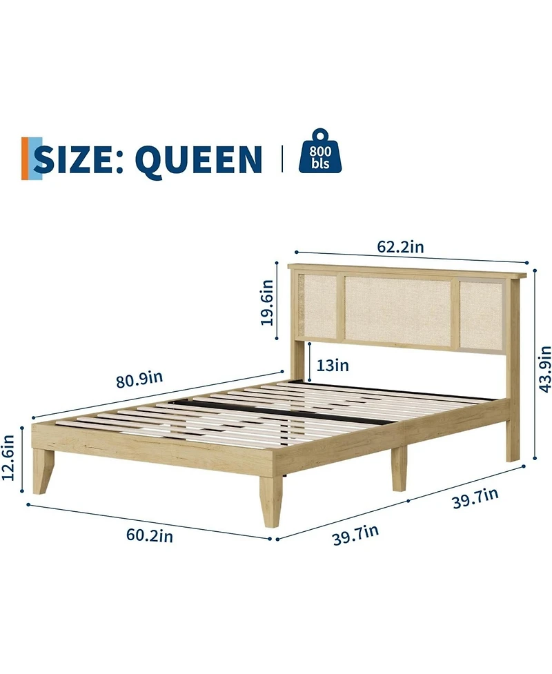 gaomon Bed Frame Natural Rattan Headboard Metal Base Wooden Slats No Box Spring Boho-Style Cane Support