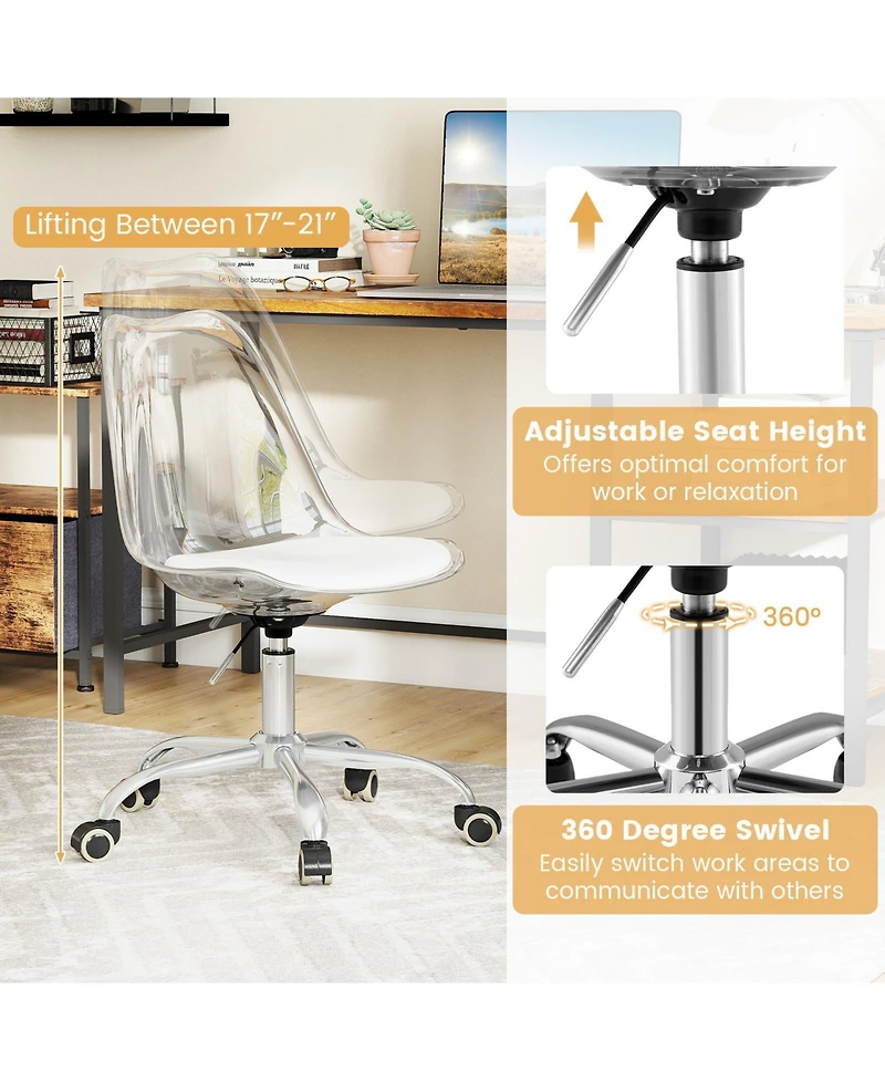 Sugift Armless Rolling Office Chair with Swivel Seat and Pu Leather Cushion-Clear