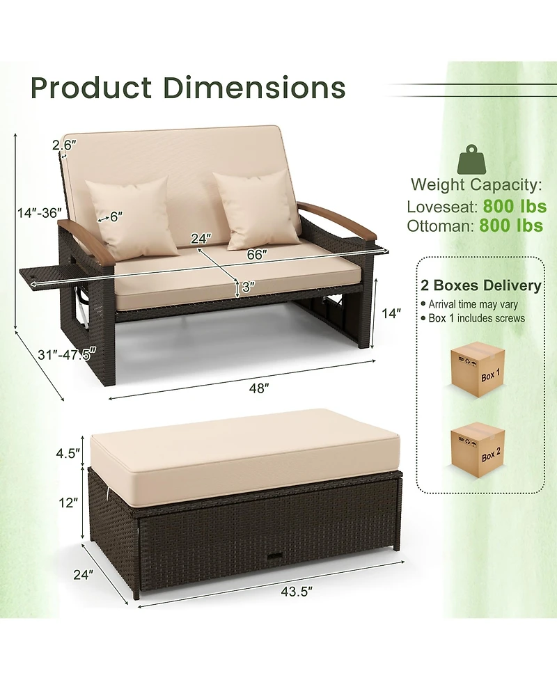 Gymax Patio Rattan Daybed Set w/ Cushioned Loveseat and Storage Ottoman