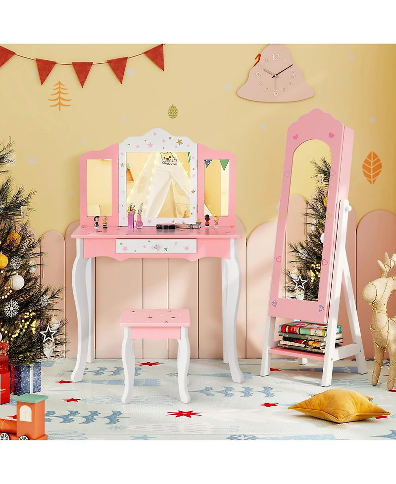 Gymax Kids Vanity Set Princess Makeup Dressing Table and Chair Set w/ Jewelry Armoire