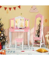 Gymax Kids Vanity Set Princess Makeup Dressing Table and Chair Set w/ Jewelry Armoire