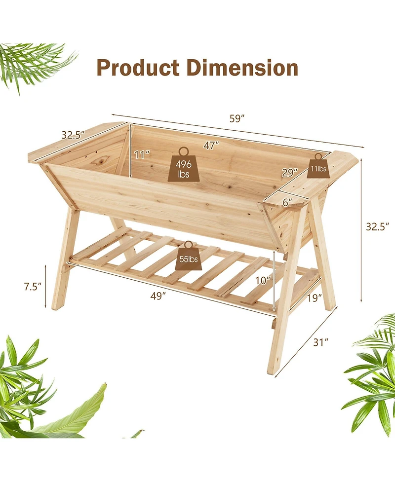 Gymax 59'' x 31'' x 32.5'' Raised Garden Bed w/ Shelf Wood Elevated Planter Box w/ Liner