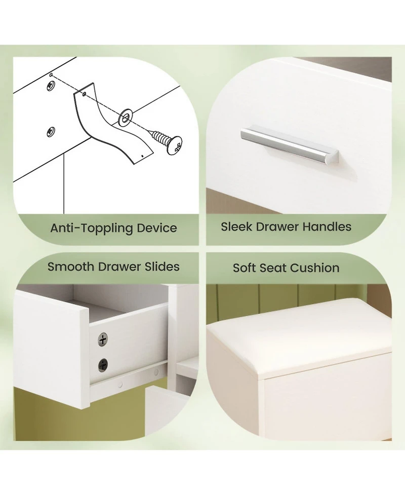 Gouun Makeup Table and Stool Set with Hair Dryer Stand and 5 Drawers