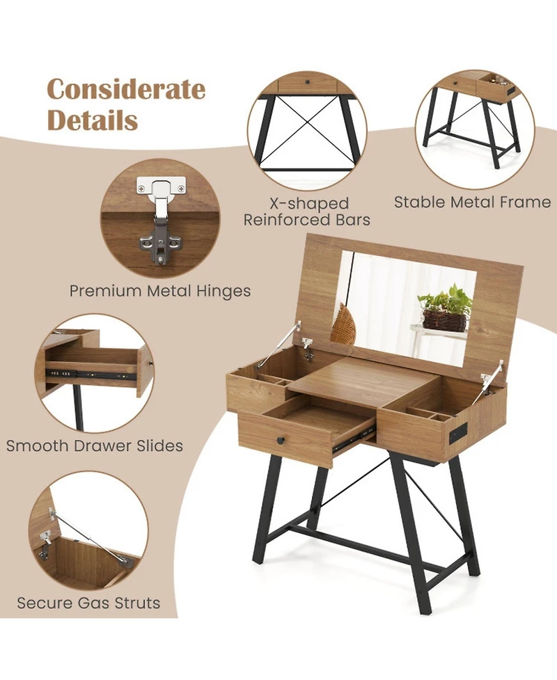 Gouun Flip Top Mirror Vanity Desk with Power Outlets and Storage Compartments
